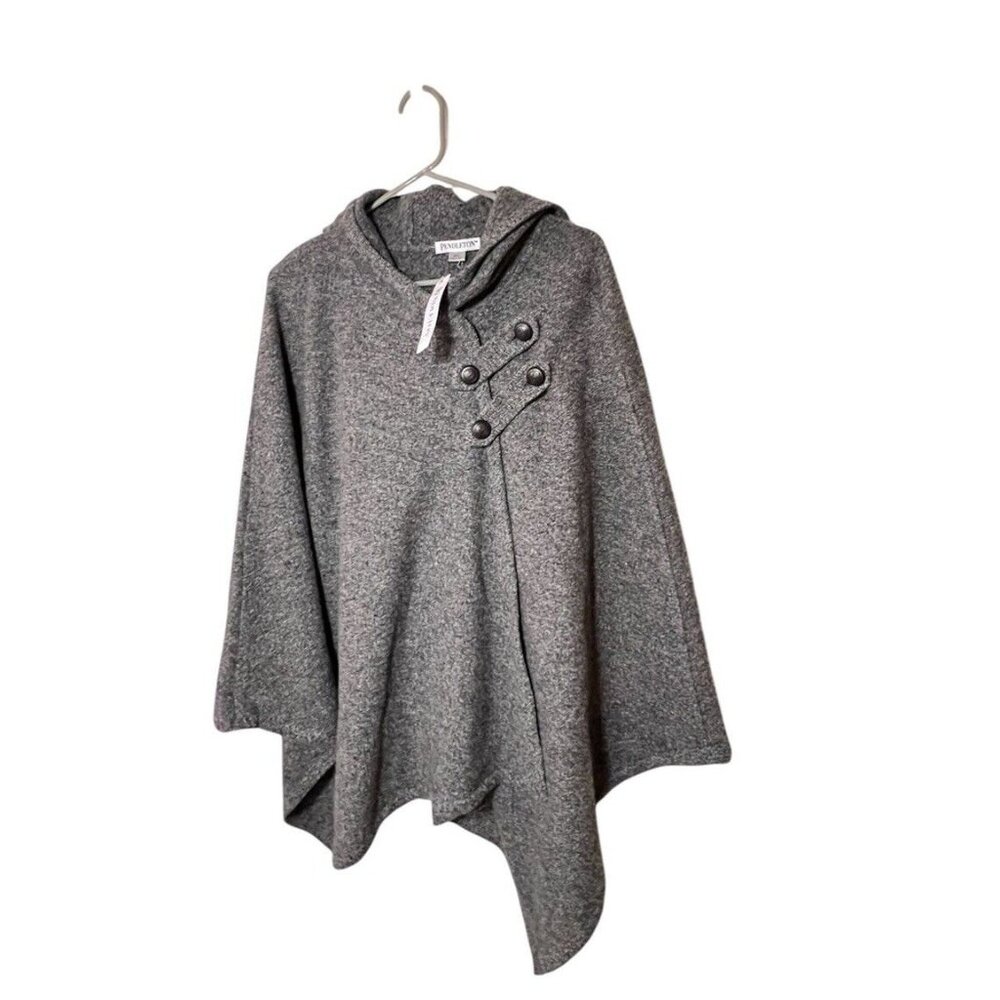 Pendleton Women’s M L Grey Hooded Poncho Cape 100% Lambswool Buttons Warm